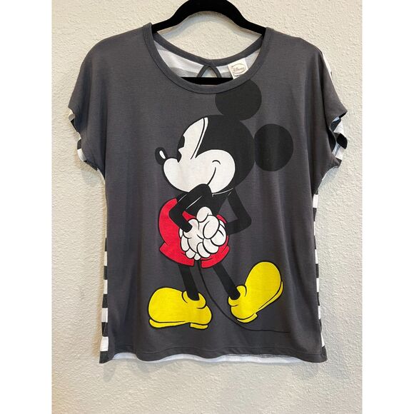 Disney Tops - Disney Women Top Medium Gray T-Shirt Graphic Mickey Mouse Back Striped Keyhole
